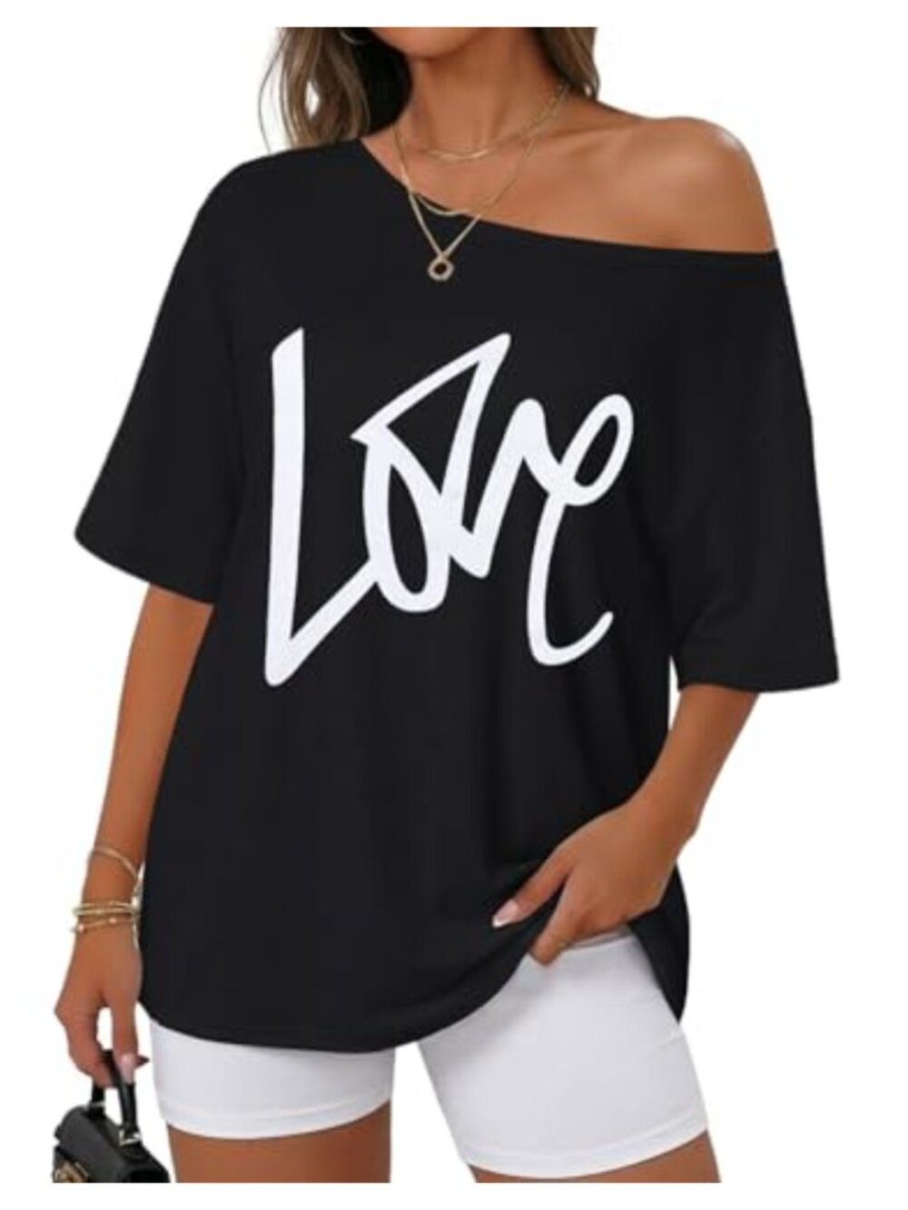 Women's Off Shoulder Summer T-Shirt - Oversized Short Sleeve Cotton Tee